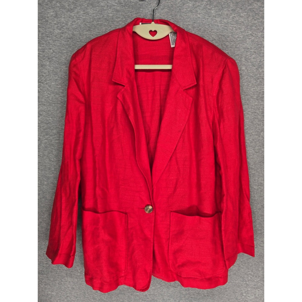 Vintage Red Linen Blend Single Button Blazer Shoulder Pads and Pockets Size 12
